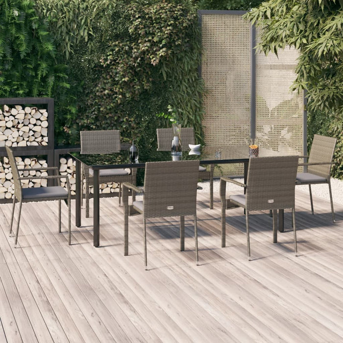 7-tlg. Garten-Essgruppe mit Kissen Schwarz und Grau Poly Rattan
