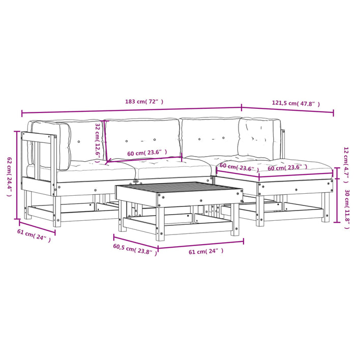 5-tlg. Garten-Lounge-Set mit Kissen Weiß Massivholz