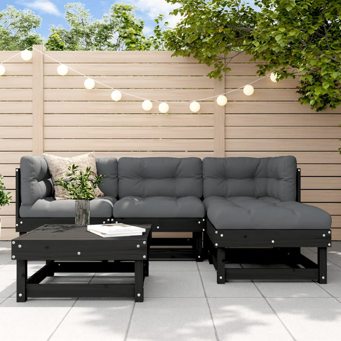 5-tlg. Garten-Lounge-Set mit Kissen Schwarz Massivholz