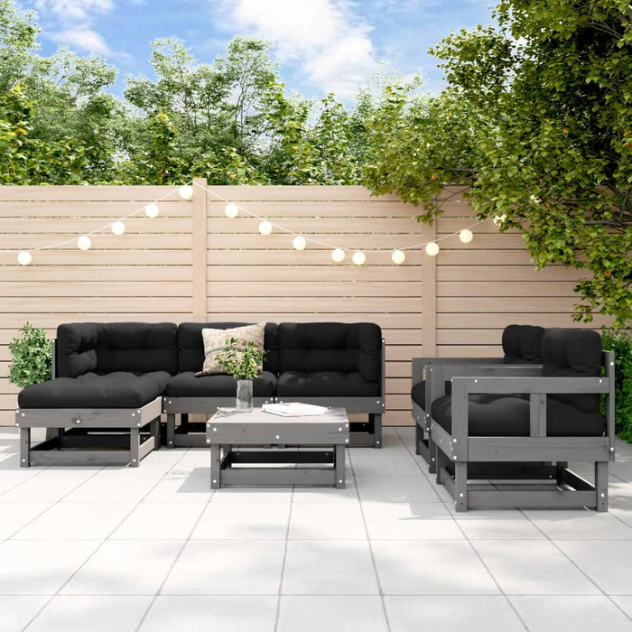 7-tlg. Garten-Lounge-Set mit Kissen Grau Massivholz