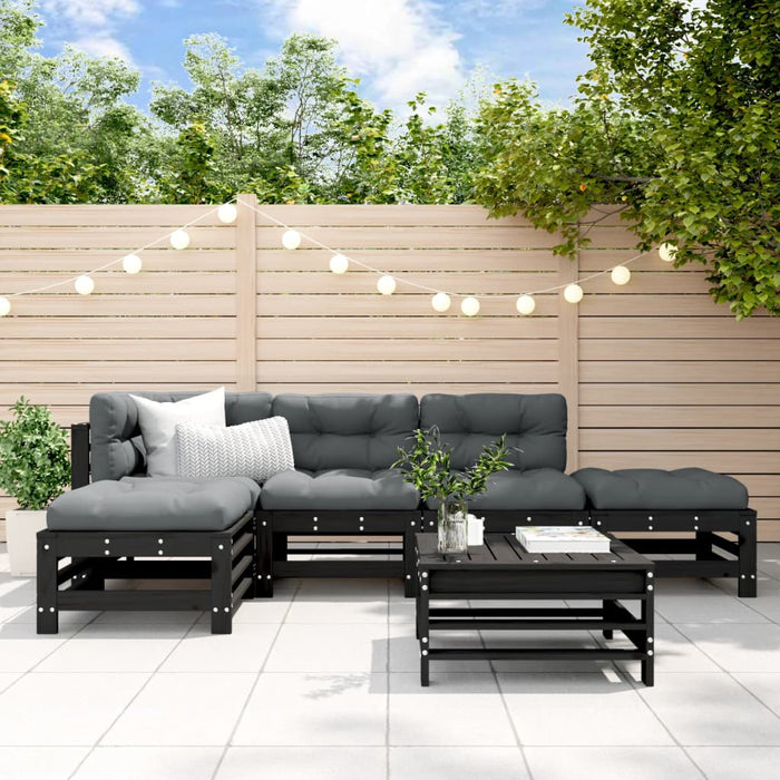 6-tlg. Garten-Lounge-Set mit Kissen Schwarz Massivholz