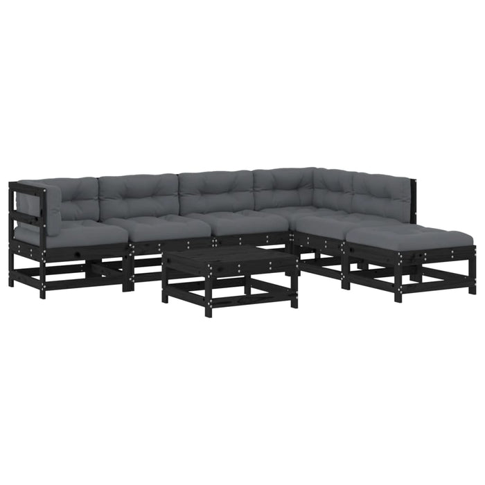 7-tlg. Garten-Lounge-Set mit Kissen Schwarz Massivholz