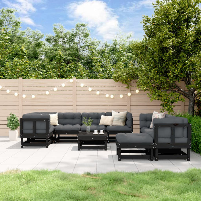 10-tlg. Garten-Lounge-Set mit Kissen Schwarz Massivholz