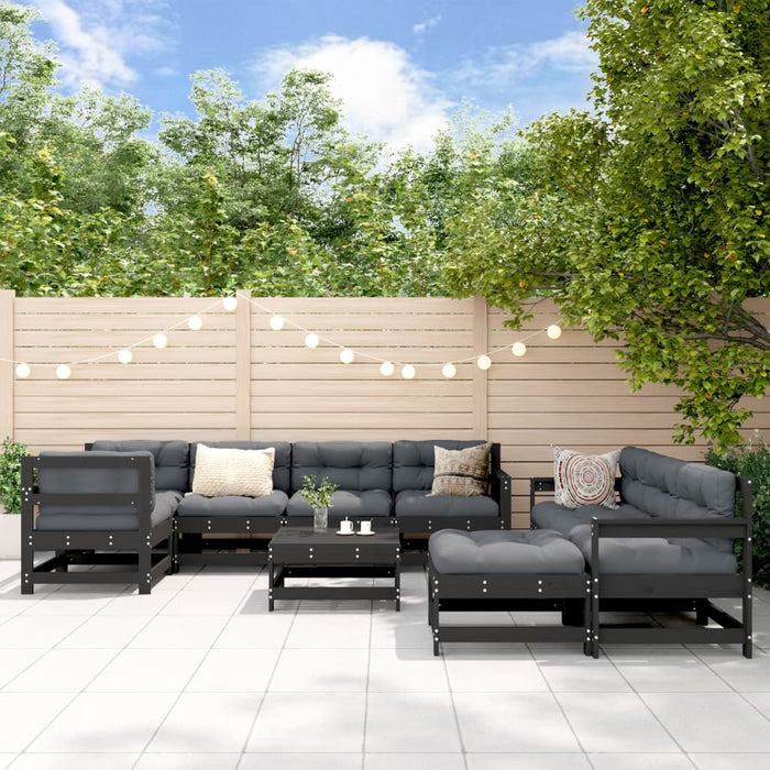 10-tlg. Garten-Lounge-Set mit Kissen Schwarz Massivholz