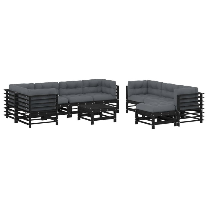 10-tlg. Garten-Lounge-Set mit Kissen Schwarz Massivholz