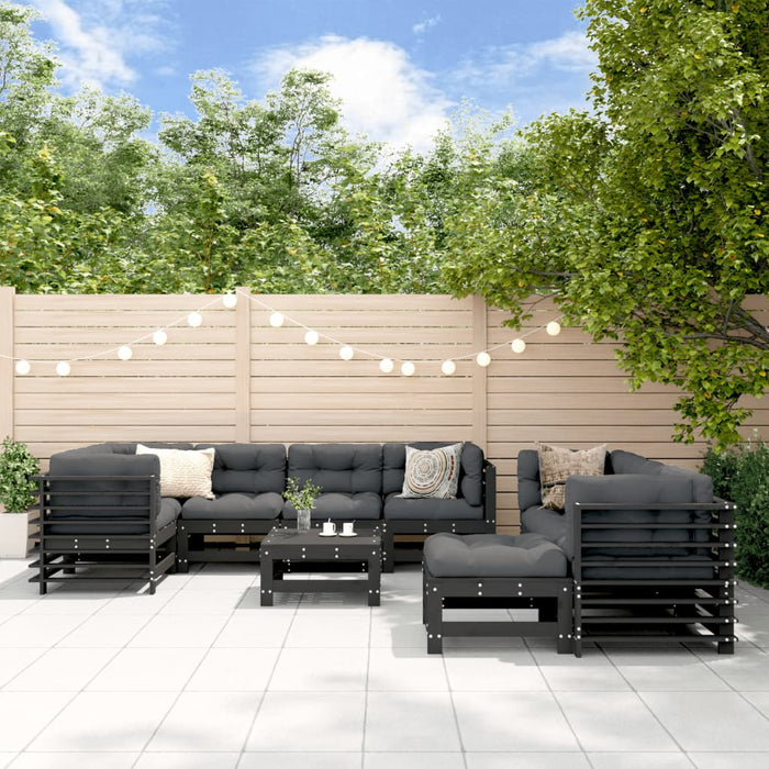 10-tlg. Garten-Lounge-Set mit Kissen Schwarz Massivholz