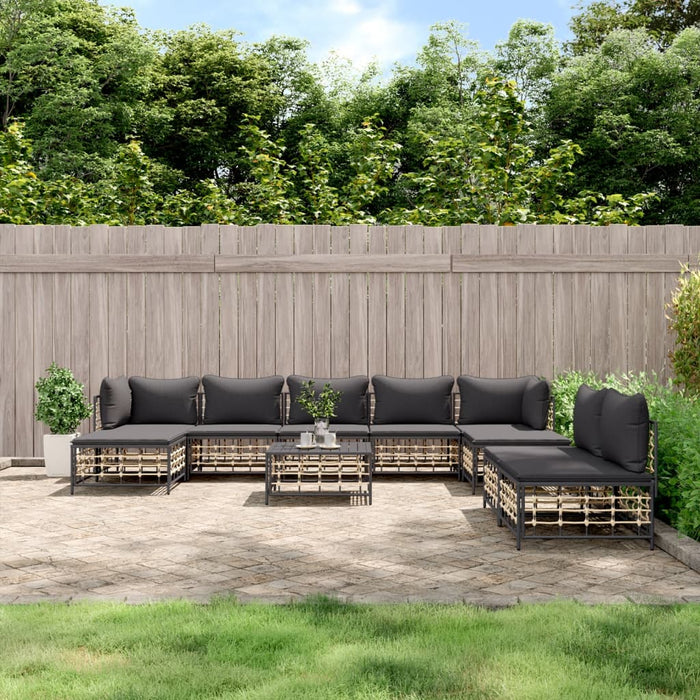10 pcs. Garden lounge set with cushions anthracite poly rattan