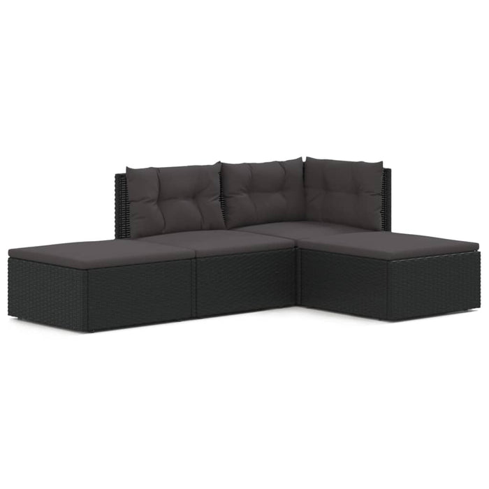 4-tlg. Garten-Lounge-Set mit Kissen Schwarz Poly Rattan