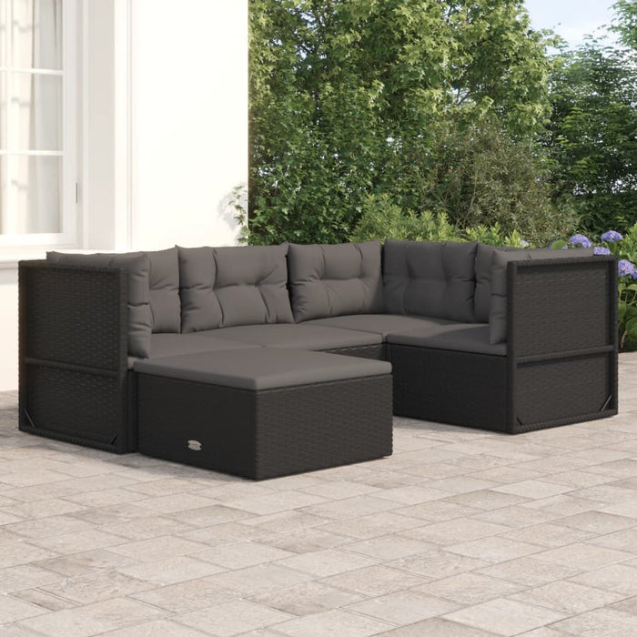 5-tlg. Garten-Lounge-Set mit Kissen Schwarz Poly Rattan