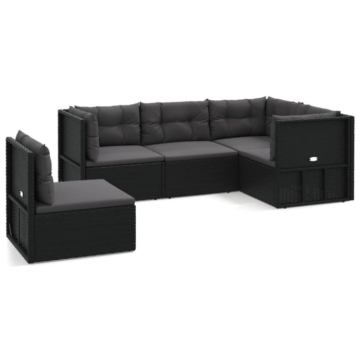 5-tlg. Garten-Lounge-Set mit Kissen Schwarz Poly Rattan