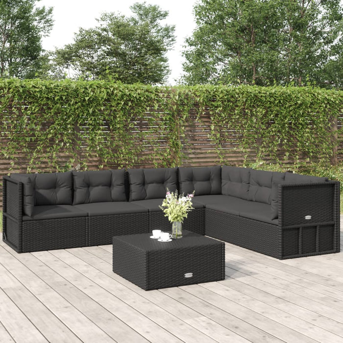 6-tlg. Garten-Lounge-Set mit Kissen Schwarz Poly Rattan
