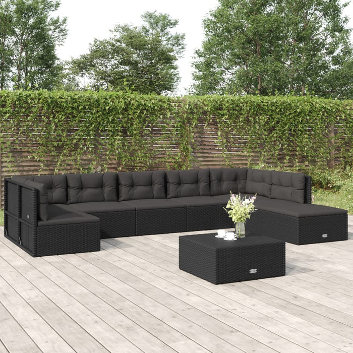 8-tlg. Garten-Lounge-Set mit Kissen Schwarz Poly Rattan