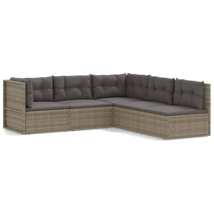 5-tlg. Garten-Lounge-Set mit Kissen Grau Poly Rattan