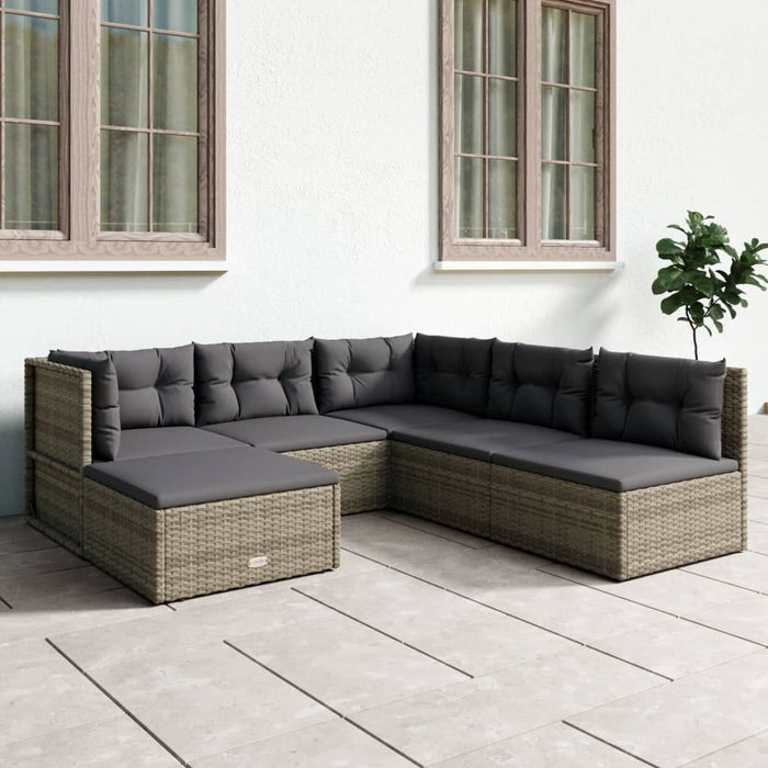 6-tlg. Garten-Lounge-Set mit Kissen Grau Poly Rattan