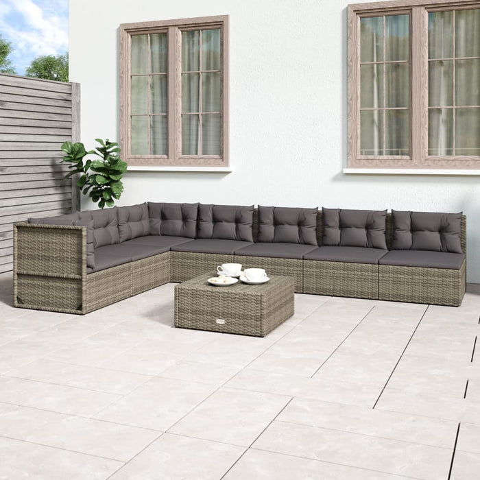 7-tlg. Garten-Lounge-Set mit Kissen Grau Poly Rattan