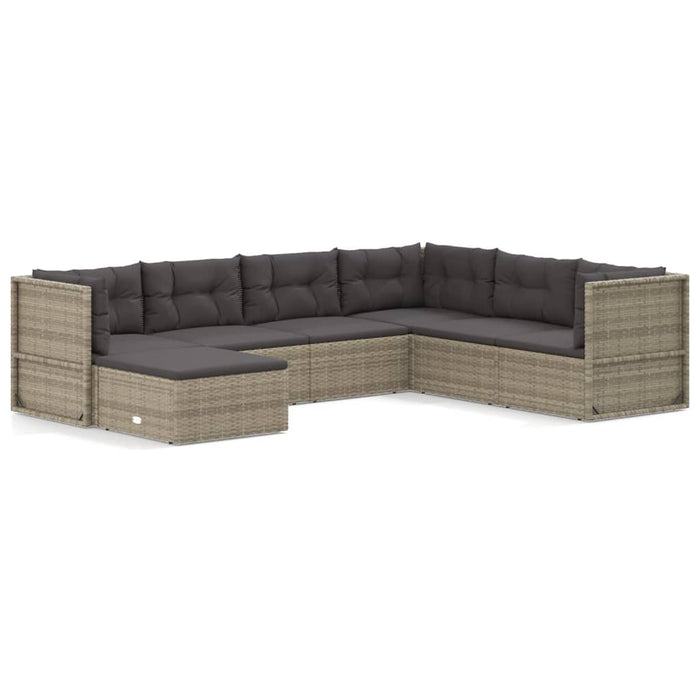 7-tlg. Garten-Lounge-Set mit Kissen Grau Poly Rattan