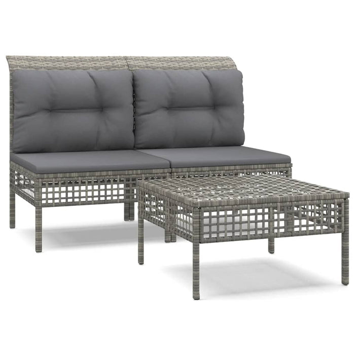 3-tlg. Garten-Lounge-Set mit Kissen Grau Poly Rattan