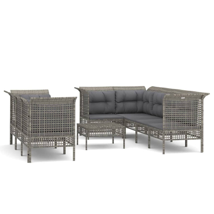 9-tlg. Garten-Lounge-Set mit Kissen Grau Poly Rattan