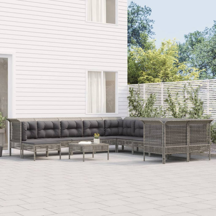 11-tlg. Garten-Lounge-Set mit Kissen Grau Poly Rattan