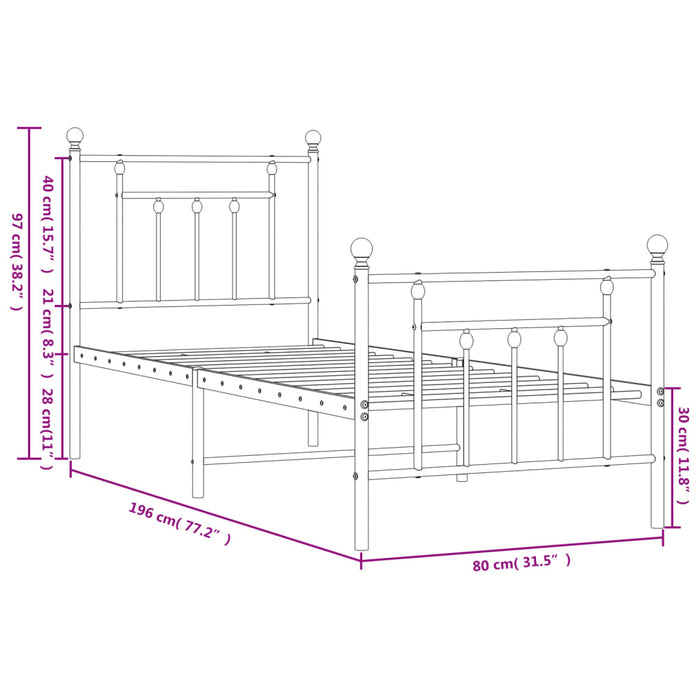 Bettgestell mit Kopf- und Fußteil Metall Weiß 75x190 cm