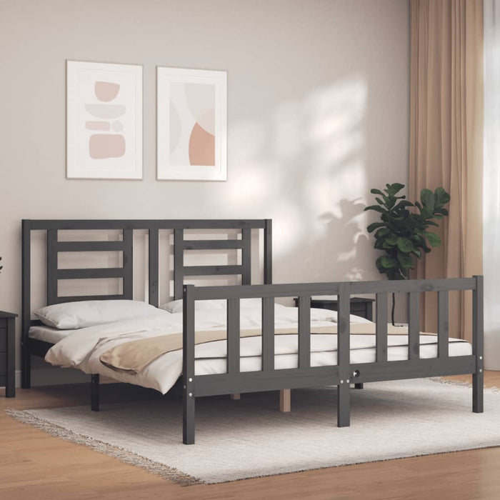 Massivholzbett mit Kopfteil Grau 160x200 cm