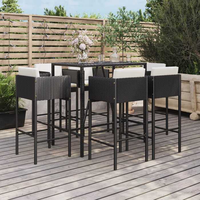 7-tlg. Gartenbar-Set mit Kissen Schwarz Poly Rattan
